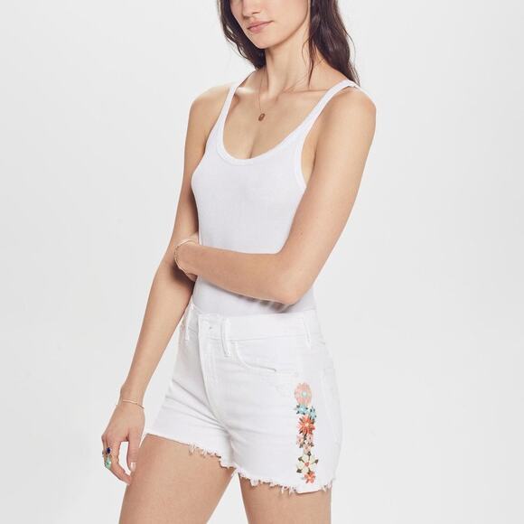 MOTHER The Dutchie Fray Embroidered Denim Shorts Women’s 24 Almost Innocent NWT - Picture 1 of 7